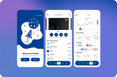 Mobile all-in-one finance application app application bank cards budget chart design finance graph investment log in net worth on boarding saving sign in spending stock subscriptions transations ui ux