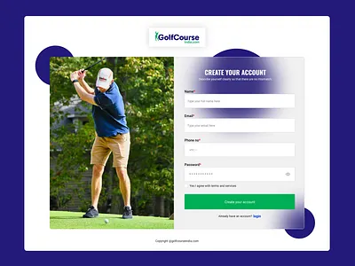Sign up and sign in screen for Golfcourse website golf graphic design sign in sign up ui ux
