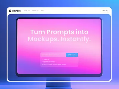 Luminous - AI-Powered Mockup Generator ai ai design color design generate generator hero hero section imac inspiration landing page minimalism minimalistic prompt purple slick ui vibrant website white