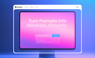 Luminous - AI-Powered Mockup Generator ai ai design color design generate generator hero hero section imac inspiration landing page minimalism minimalistic prompt purple slick ui vibrant website white