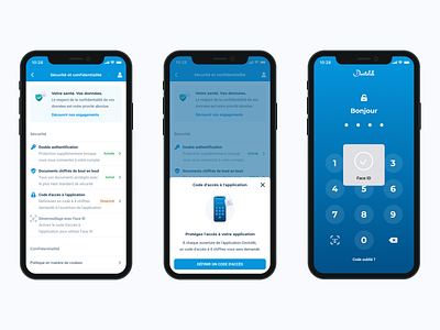 Doctolib - Lock app screen 2fa app bottom sheet cells code drawer face id gradient blue health app homescreen iphone x lock lockscreen medical app mobile app mobile design security security page ui ui design