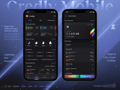 Credly: Fintech Mobile App ai application banking charts crypto dark theme dashboard ecommerce finance finance dashboard fintech dashboard fintech web investments page markets page mobile design stocks trading trading exchange ui web3