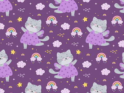 Pattern with cute fairy tale cats. Children magic background design graphic design illustration print textile vector