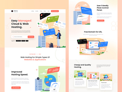 Hosting Service Landing Page Design 🤩 branding card landing page character control panel domain landing page free domain globe illustration gradient gradient illustration hosting illustration hosting landing page hosting website icon illustration imac illustration landing page server custom illustration server hosting speed website