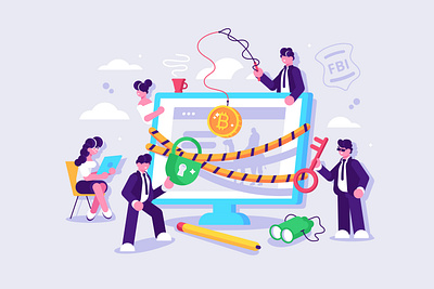 Arrest of the assets of Silk Road by the FBI agent arrest art asset bitcoin character close coin crypto darknet design fbi flat illustration money people silk road site usa vector