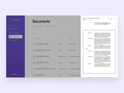 Flow - Document management doc docs document drawer filter filtering filters flow fund investment list management menu pill preview sheet