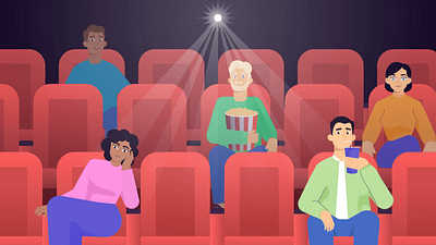 Cinema cartoon character cinema design film graphic design illustration man movie movie theatre people popcorn viewers watching watching film