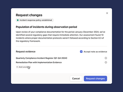 Request Changes Dialog with Evidence List blue compliance dialog figma list minimal modal oneleet product design request saas soc2 ui ui design web