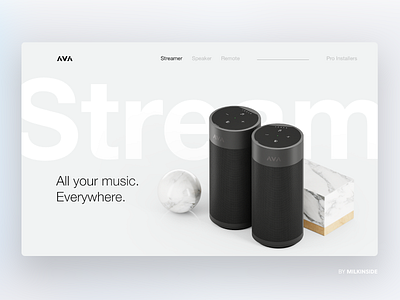 Ava swiss sound brand by Milkinside 3d ava ball brand branding design home illustration landing minimal music page sound speaker stream swiss typeface ui ux website