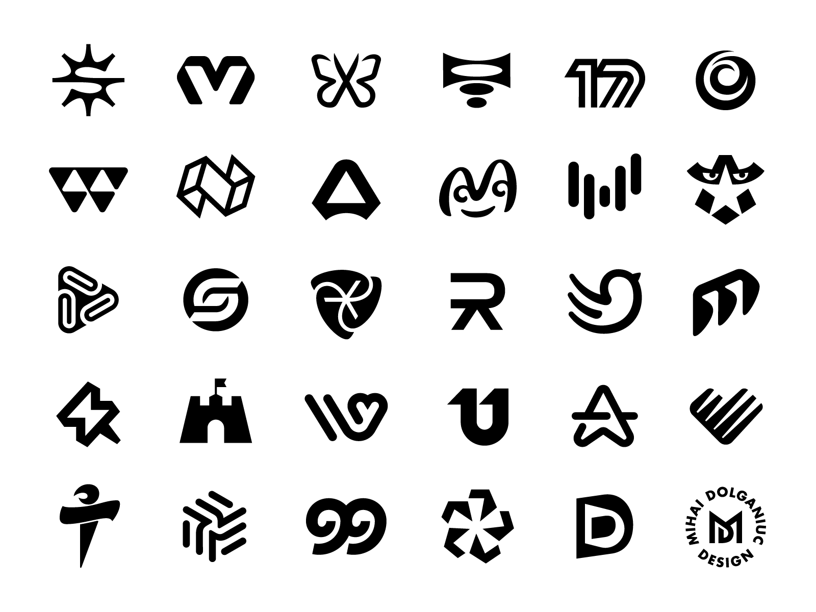 Monochrome Logo Marks and Symbols Collection Part Two asterisk play bird fly black and white bolt thunder pin light brand identity branding butterfly knife engineering castle fortress history flag champion run marathon torch graphic design happy face person smile heart love passion couple letter s star shine logo mark symbol icon m v monogram combination mihai dolganiuc design number 99 17 digital sheriff police law solid clean strong bold timeless iconic