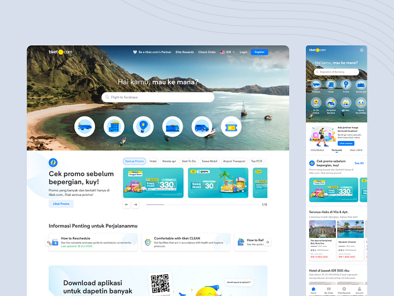 Redesigning tiket.com’s Homepage card carousel clean component desktop discovery flight homepage hotel icon illustration information architecture landing page mobile app mobile web promo section travel ui design ux design