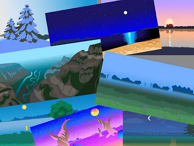 Vector landscapes bundle digital landscape fog illustration landscape moonlight mountains nature nightscape scenery sunset vector