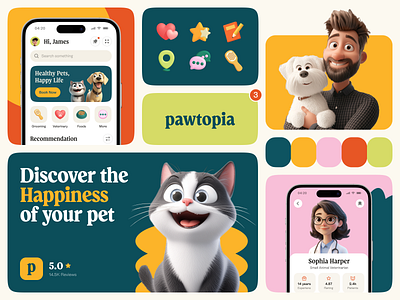 Pawtopia Branding 3d animal branding cat clean design dog identity illustration logo midjourney minimalism pet app pet care pets spline ui uiux user friendly veterinary