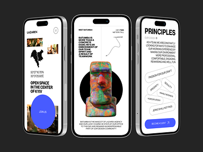 About us — bio, values, and team | Lazarev. about adaptation adaptive page agency app application design digital interaction lazarev mascot mobile office our team principles product scroll ui ux