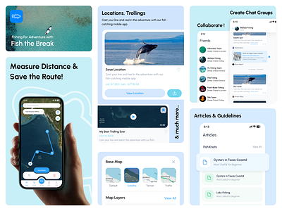 Fish The Break - Mobile Application articles chat design distance figma fish app graphic design group chat live tracking mobile mobile app mobile app ui track fish route tracking ui ui design ux ux design