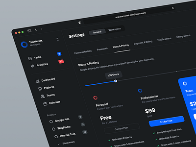 TeamWork — Dashboard Pricing Page (Dark Mode) app calendar clean dark mode dashboard design interface payment pricing pricing plan pricing table saas subscription task task app task management ui uiux ux web app