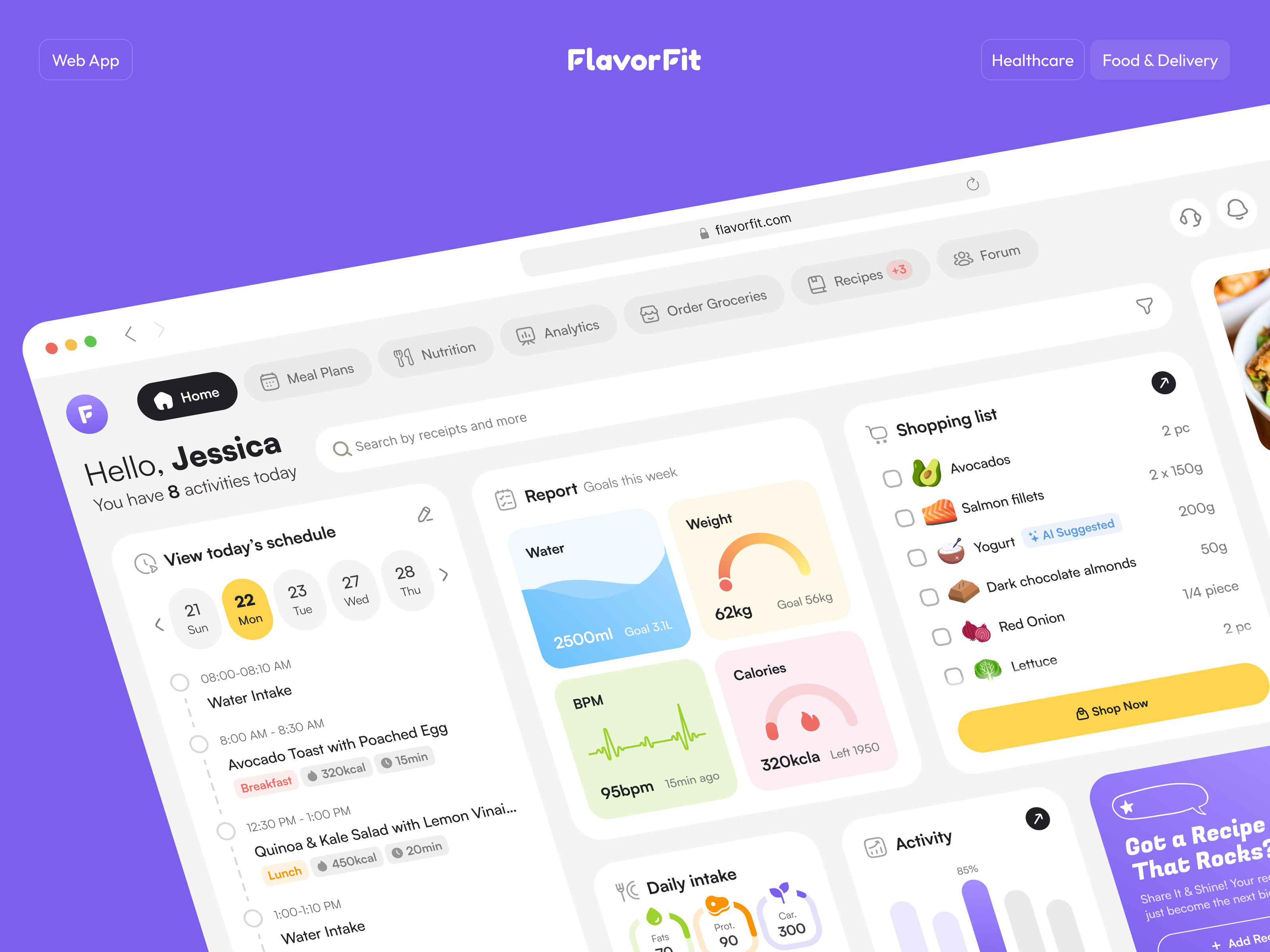 FlavorFit – Food Healthcare App Design app app interfaces delivery dashboard diet website food delivery app food ordering website food website health website healthcare healthcare app healthcare design healthcare illustration healthcare landing page medical dashboard medical web app modern web app nutrition icon nutrition website web app web dashboard
