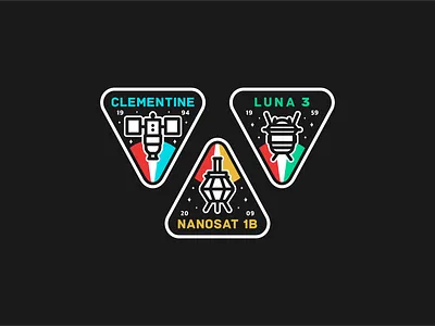 Clementine, Luna 3 & Nanosat 1B badge branding design discover explore graphic design icon set illustration logo mission nasa planets satelite sonda space space ship spacex travel universe vector