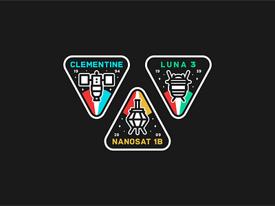 Clementine, Luna 3 & Nanosat 1B badge branding design discover explore graphic design icon set illustration logo mission nasa planets satelite sonda space space ship spacex travel universe vector