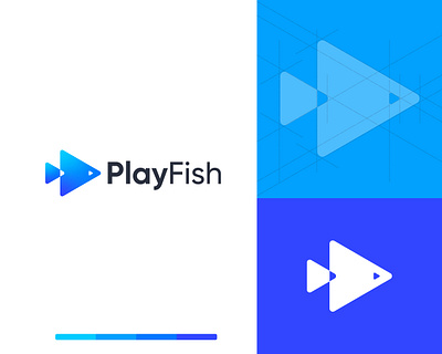 PlayFish Music Logo Mark🎧 abstract aqua blue branding creative fish fish logo geometric icon logo logo design logo mark minimal minimalist modern logo music logo play logo sea t shirt water