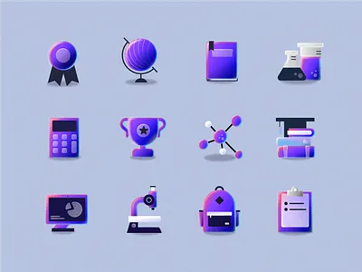 Icons: Gradient icon style for a new-age educational platform 2d 3d app books chemistry education glow gradient iconography icons india math new age physics purple school science ui university web