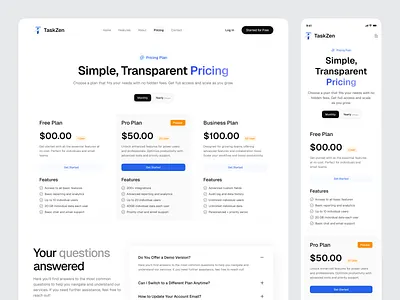 TaskZen – Task Management Platform UIUX Design | Pricing Page design interface product service startup ui ux web