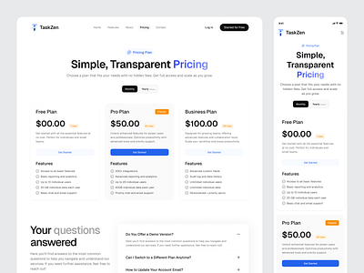 TaskZen – Task Management Platform UIUX Design | Pricing Page design interface product service startup ui ux web