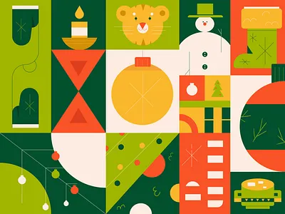 Christmas pattern candy cane christmas design flat geometrical gloves holiday illustration minimal new year pattern present snowball snowman sock tiger ui vector winter