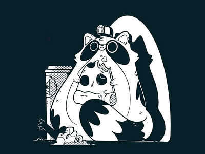 Pizza Eating Raccoon apparel design black and white blake stevenson branding cartoon character design cult cute design illustration jetpacks and rollerskates pizza raccoon retro ui