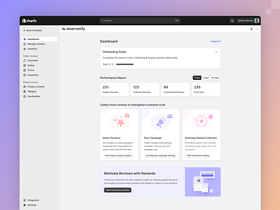 Wiserreviews Dashboard - Shopify App clean customerreviews dashboard designshowcase digitaldesign ecommercedesign minimal review product saas product shopify shopify app shopifyapp ui uiux ux webapp