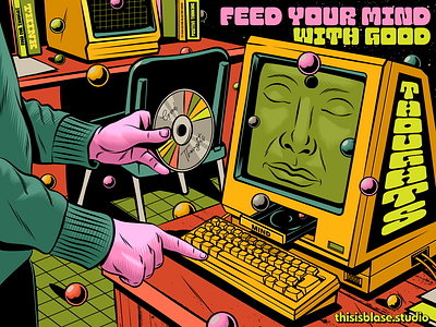 Feed your mind colorful computer design illustration mind psychedelic retro surrealism tech thinking vector vintage