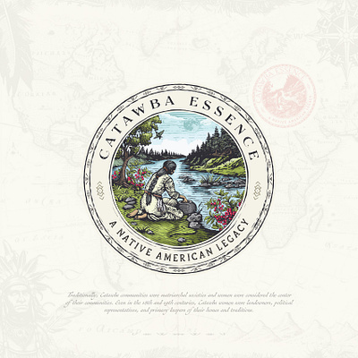 Catawba Essence A Native American Legacy artisan badge brand identity branding brew crosshatch design graphic design hand drawn illustration logo logo design native american plant river tea tradition vintage vintage logo