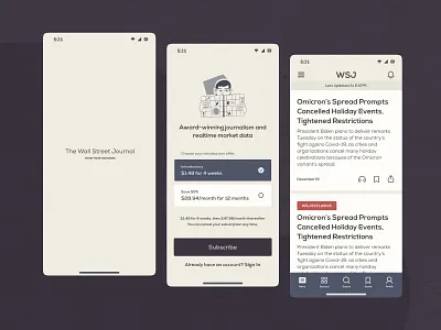 Wall Street Journal App Redesign article articles cute feed home home screen kawaii landing page minimal news newsfeed newspaper onboarding pricing salmanwap splash subscription ui design wsj