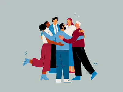 Team 2d business cartoon character employees flat design friends hugs illustration people team teamwork together vector work