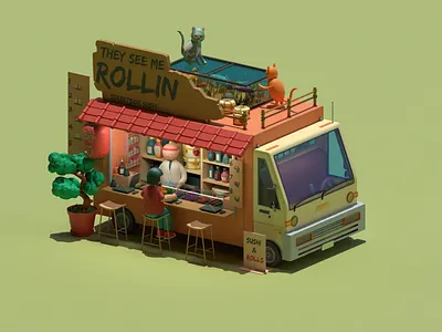Sushi Truck 3d 3d art 3d model blender bottle car cat character chinese cycles fantasy fish food food truck illustration isometric life sushi truck