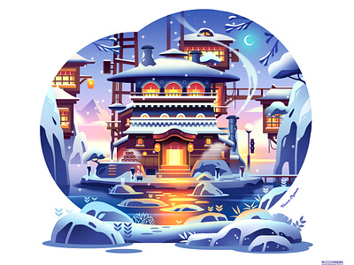 Onsen island adventure animation architecture bath beautiful illustration island japan journey kawai landscape light mood nature onsen snow warm wild