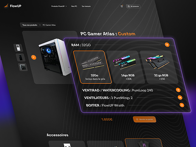 FlowUP | Product Page with Custom Specs belgium collapsible computers dark darkmode design gaming glassmorphism modern odoo orange purple specs ui web website