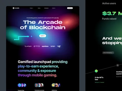 gamee.com - homepage arcade blockchain clean crypto dark game gamee gaming gradient gradients neon nft play roadmap snake token typography web web3