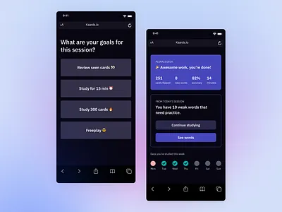 Start and end flashcard session buttons card design dark mode dark mode mobile dashboard data data display figma flashcard language learning purple selection streak tracking ui design