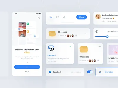 Video Hosting & Sharing App Components | P1 app app design app ui clean ui comment components folder login minimal navigation onboarding slider social splash ui ux video