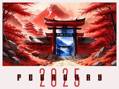 February 2025 2025 2d artwork challenge design february fortress illustration japan landscape logo monochrome mountain portal red red sky road trees view