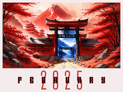 February 2025 2025 2d artwork challenge design february fortress illustration japan landscape logo monochrome mountain portal red red sky road trees view