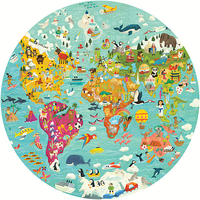 World Map - round puzzle for Boppi childrens book illustration childrens books childrens illustration global globe icon illustration illustrated map illustration kids books map multicultural travel whimsical world map