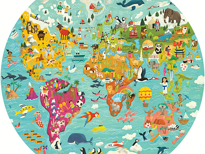 World Map - round puzzle for Boppi childrens book illustration childrens books childrens illustration global globe icon illustration illustrated map illustration kids books map multicultural travel whimsical world map