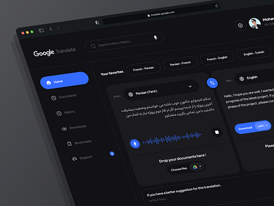 Google Translate - Dark Mode branding dark dark dashboard darkmode dashboard dashboard design dashboard ui design dictionary english gmail google google translate logo translate ui ux vocabulary webdesign website