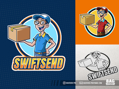 Cartoon Delivery Service Guy Mascot Logo badge box cardboard cargo cartoon character courier delivery distribution express illustration logo mail mascot package postal service shipping vector