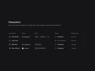 Table - Mochi AI (AI Agents webapp) ai app branding colors design filter icons illustration logo models product design sidebar status table tag title ui ux