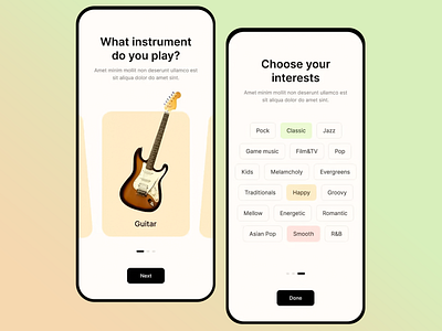 Music Learning App UI Design app concept app design guitar app instrument lessons interactive ui learning app learning platform mobile app mobile design music app music discovery music education music interests onboarding flow trending music ui design ui inspiration user experience ux design ux ui