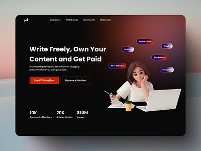 Write-Chain: Web3 blog hero section animation design figma illustration landing page logo ui ux web design website