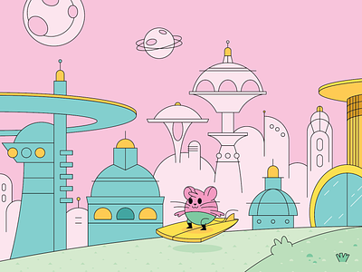 When mice fly animal buildings character design city cute flat design illustration moon mouse pink planet ring science fiction skyline towers vector